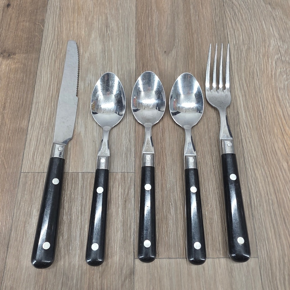 Vtg Farberware Thailand 5 Pc Flatware Lot Black Rivet Handle Knife Fork 3 Spoons